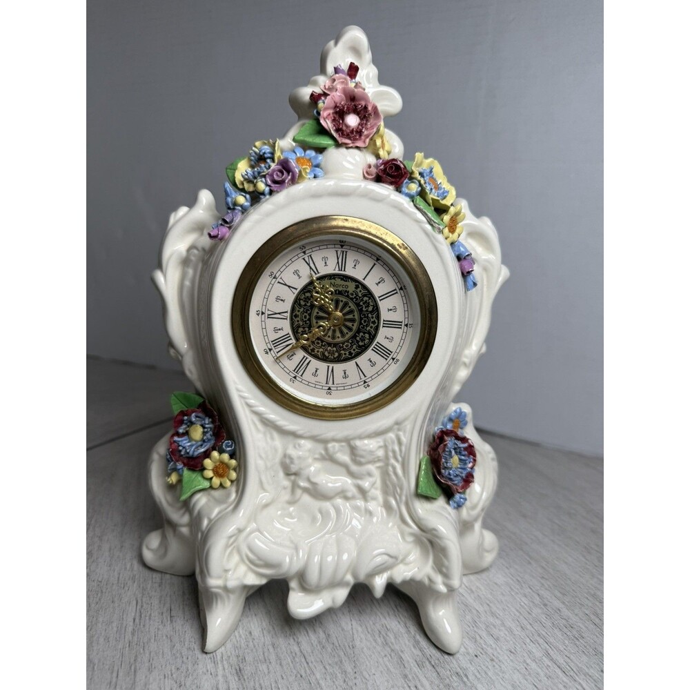 Vintage Narco Porcelain Mantle Clock Rococo Revival Applied Flowers Mary Signed